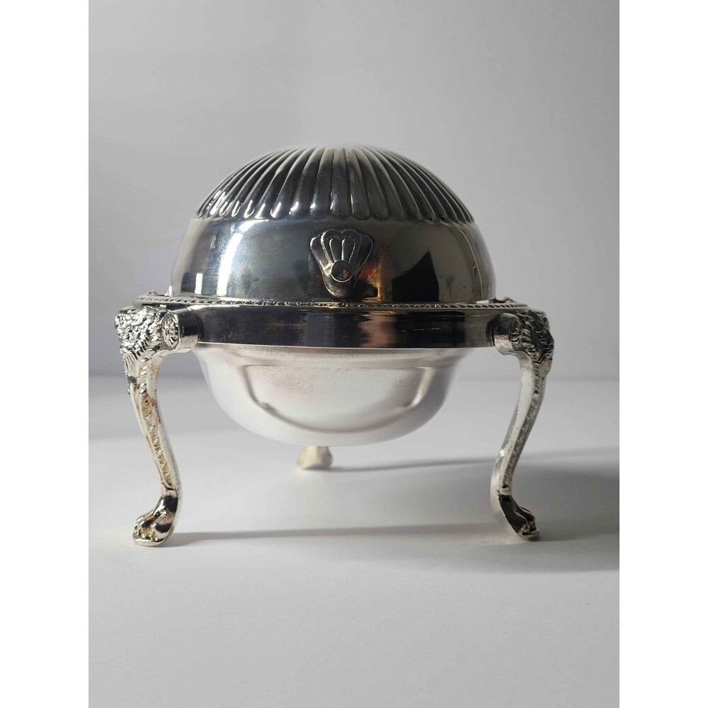 Vintage Silver Plate Roll Top Caviar Butter Dish Server Lion Heads Paw Feet -NEW